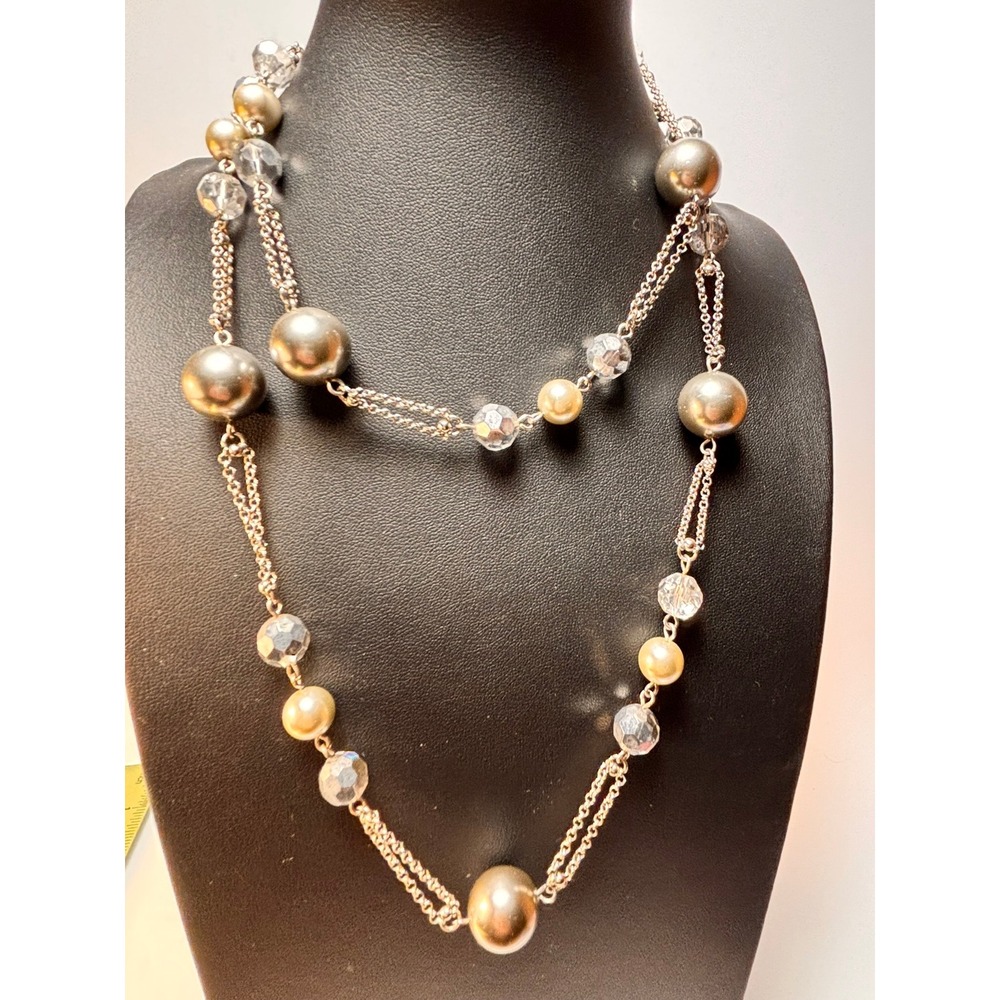Carolee Long Multi-Strand Necklace Silver Faux‎ Pearl Crystal Beaded BX523